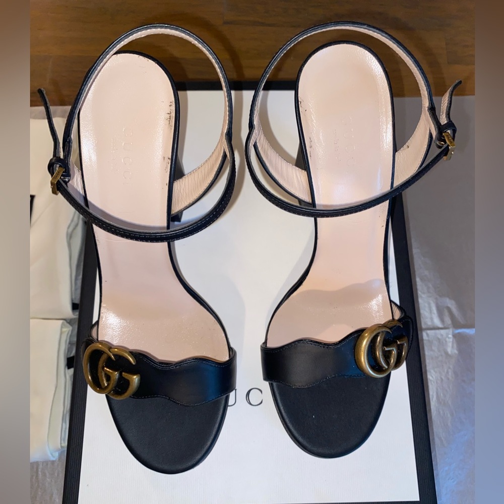 GUCCI Marmont GG Black Logo Ankle Strap Sandal Heel Pump 38.5